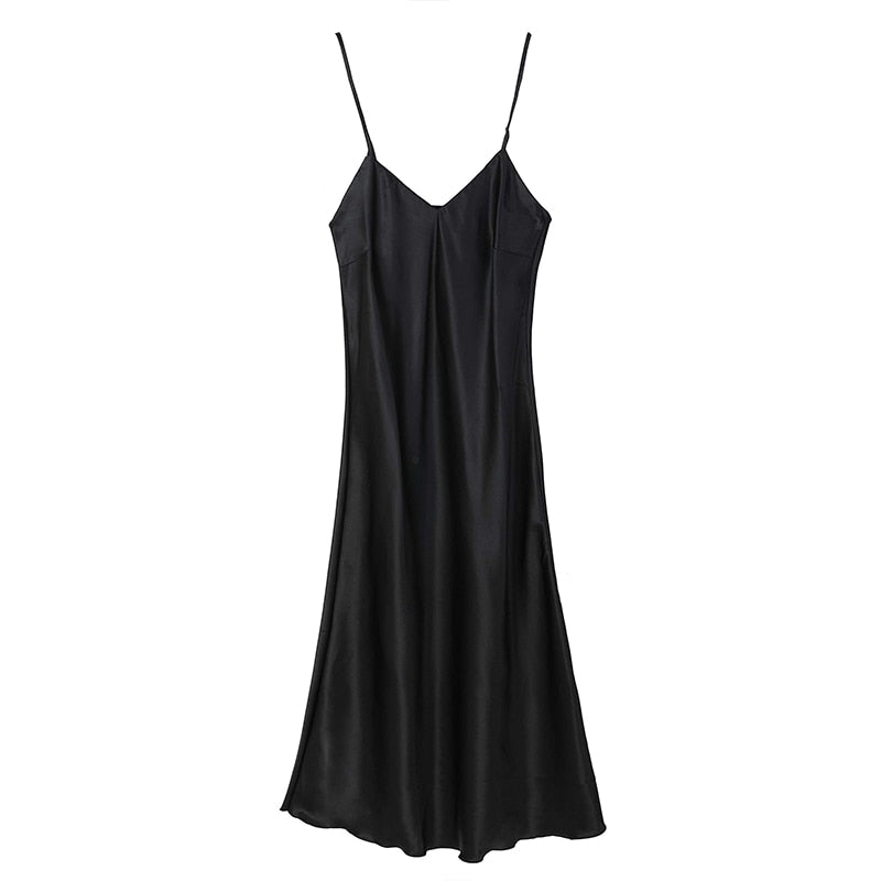 Satin Nightgown Long Slip Sleep Dress Silk V Neck Sleepwear Solid Color Nightwear
