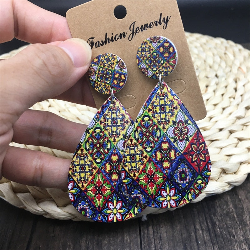Bohemian Ethnic Church Ceramic Pattern Statement Earrings Vintage Wooden Big Round Water Drop Earrings For Women Jewelry Gift