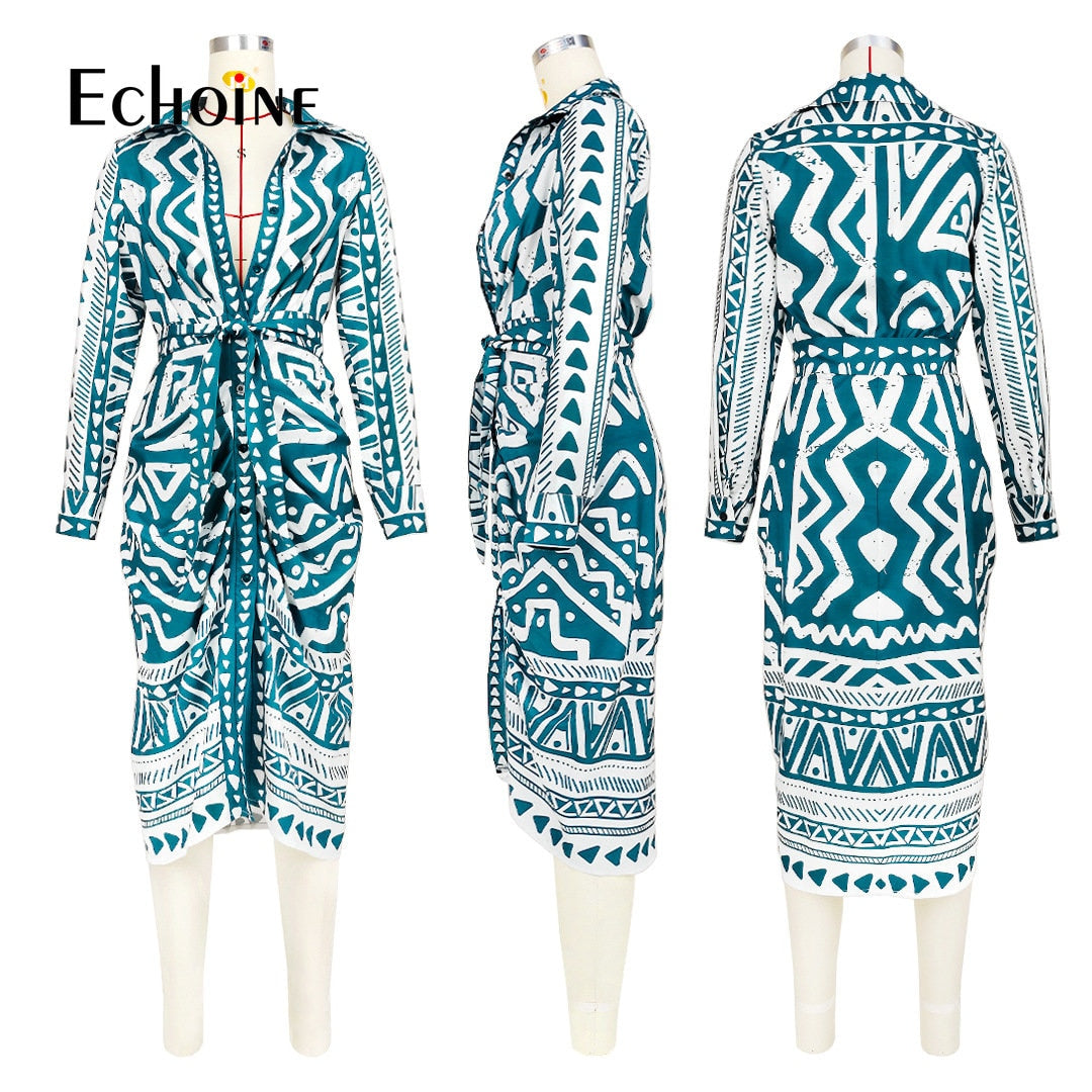 Echoine Women Vintage Geometric Striped Bowknot Dress High Waist Laple Collar Bodycon Midi Shirt Style Smock Dresses Vestido