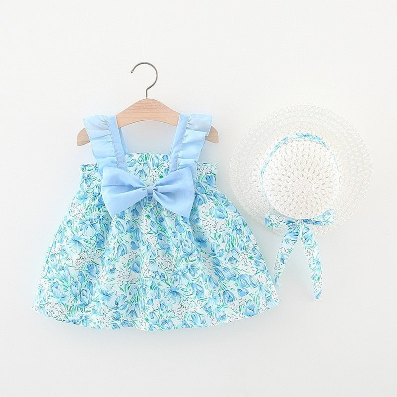 2pcs Summer Baby Girls Beach Princess Dress Cute Bow Flowers Sleeveless Cotton Toddler Dresses+Sunhat Newborn Clothing Set
