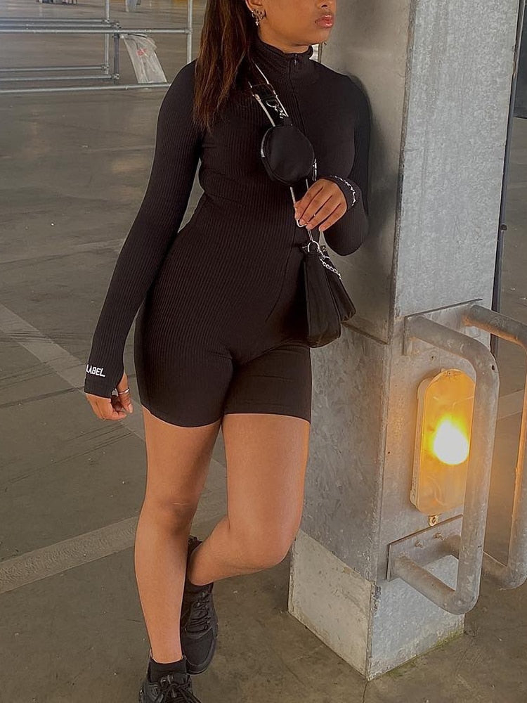 Sibybo Ribbed Turtleneck Sport Wear Casual Jumpsuit Women Letter Embroidery Skinny Sexy Playsuit Female Fitness Rompers Overalls