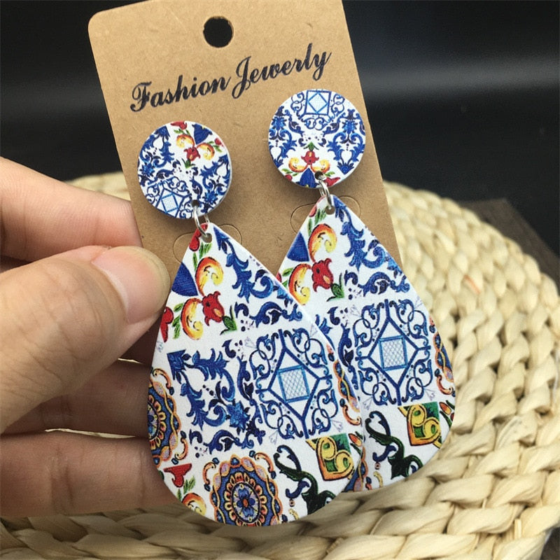 Bohemian Ethnic Church Ceramic Pattern Statement Earrings Vintage Wooden Big Round Water Drop Earrings For Women Jewelry Gift