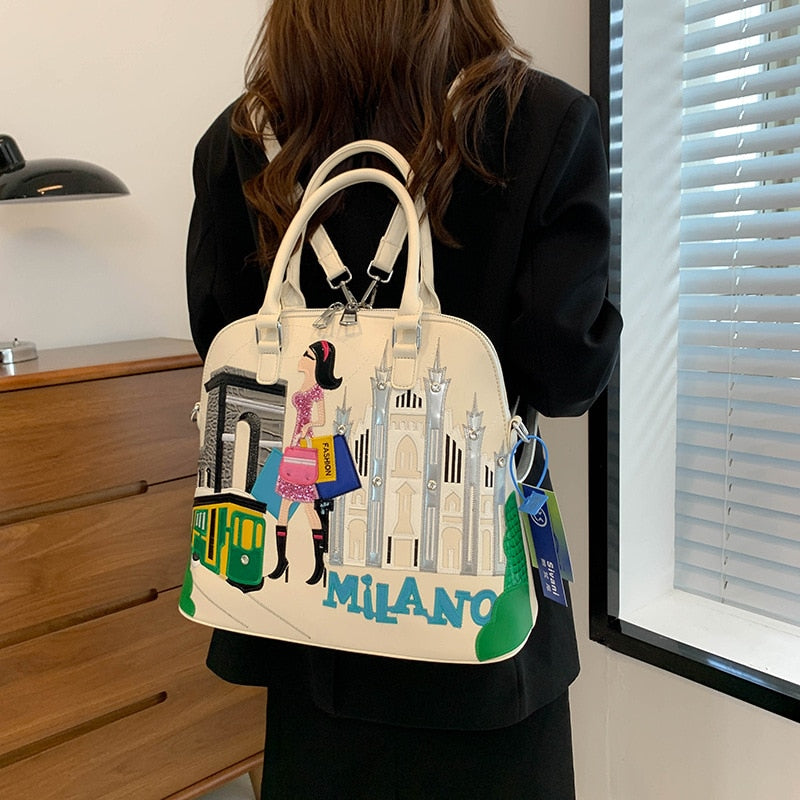 Cartoon Embroidery Backpack Women Shell Purses and Handbags Fashion Designer Ladies Shoulder Bags High Quality Female Totes