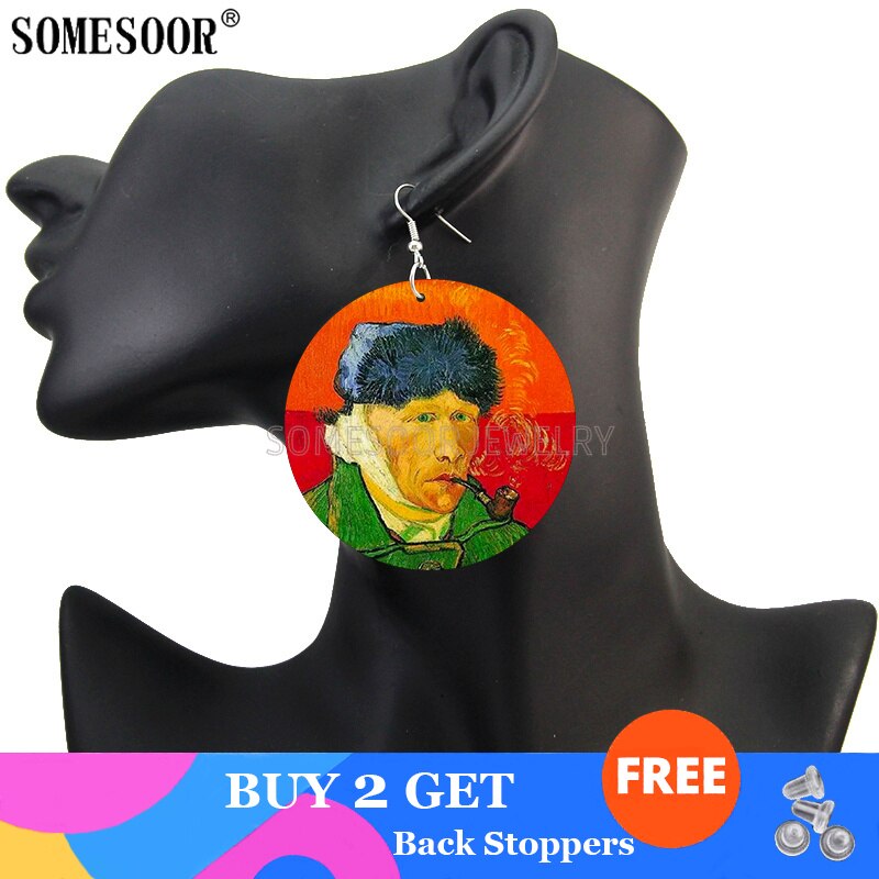 SOMESOOR Genius Painter Van Gogh Arts Portrait Wooden Drop Earrings Starry Night Sunflower Painting Women Dangle Jewelry Gift