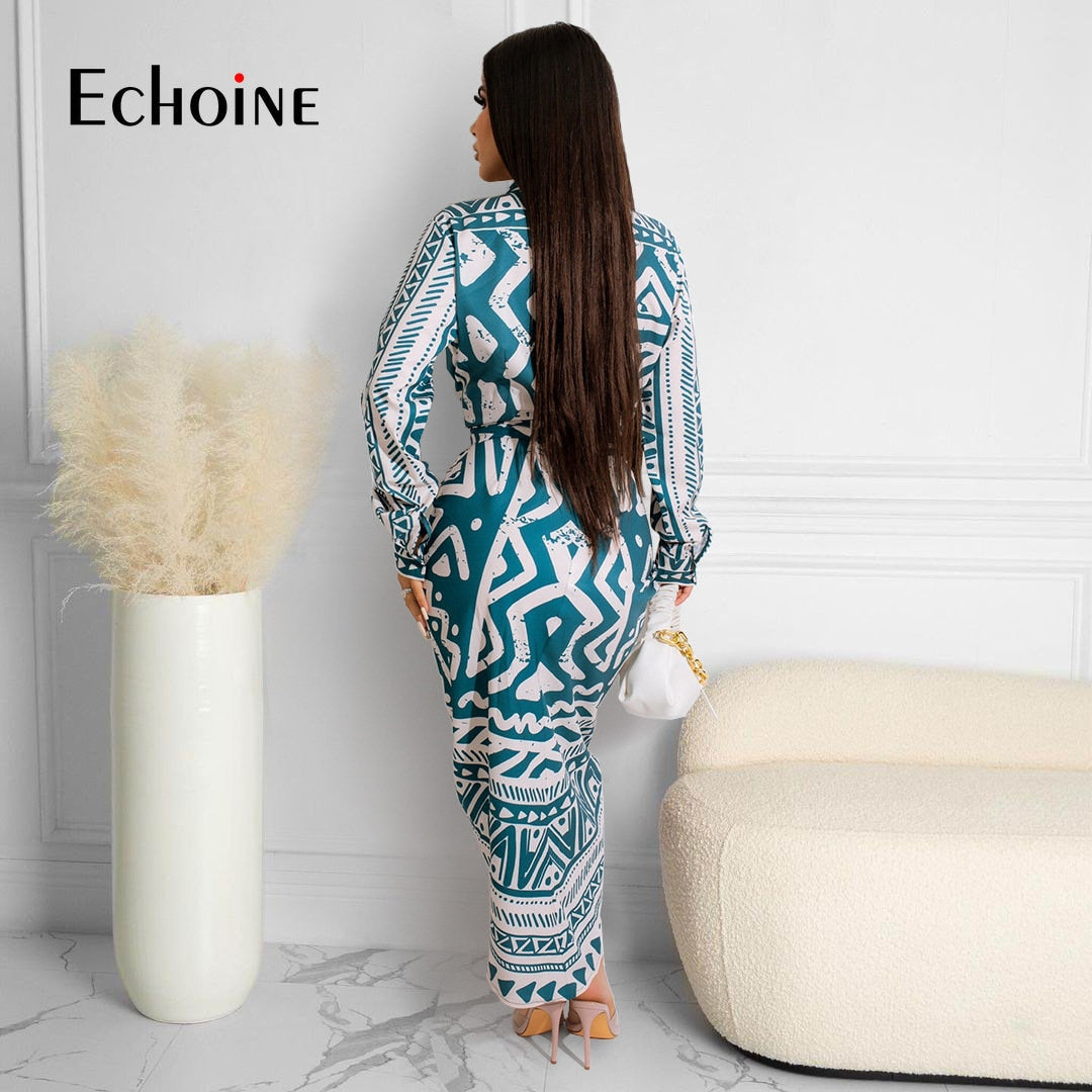 Echoine Women Vintage Geometric Striped Bowknot Dress High Waist Laple Collar Bodycon Midi Shirt Style Smock Dresses Vestido