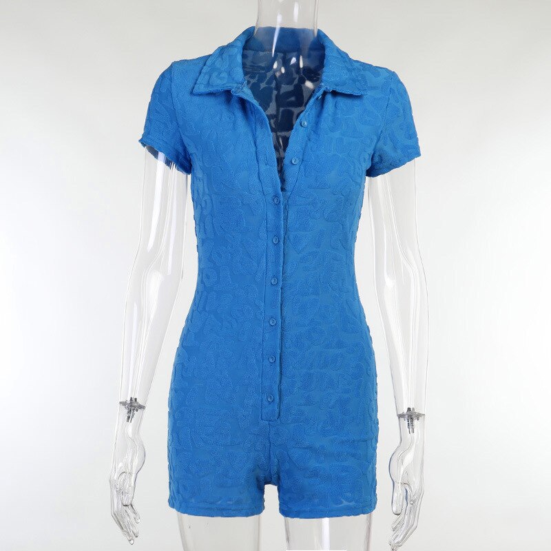 2022 Winter Neon Pink Casual Playsuit Women Fashion Short Sleeve Letter Button Skinny Bodycon Slim Female Rompers Women Jumpsuit