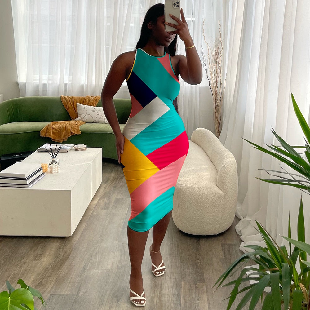 Colorblock Geometric Print Midi Dress