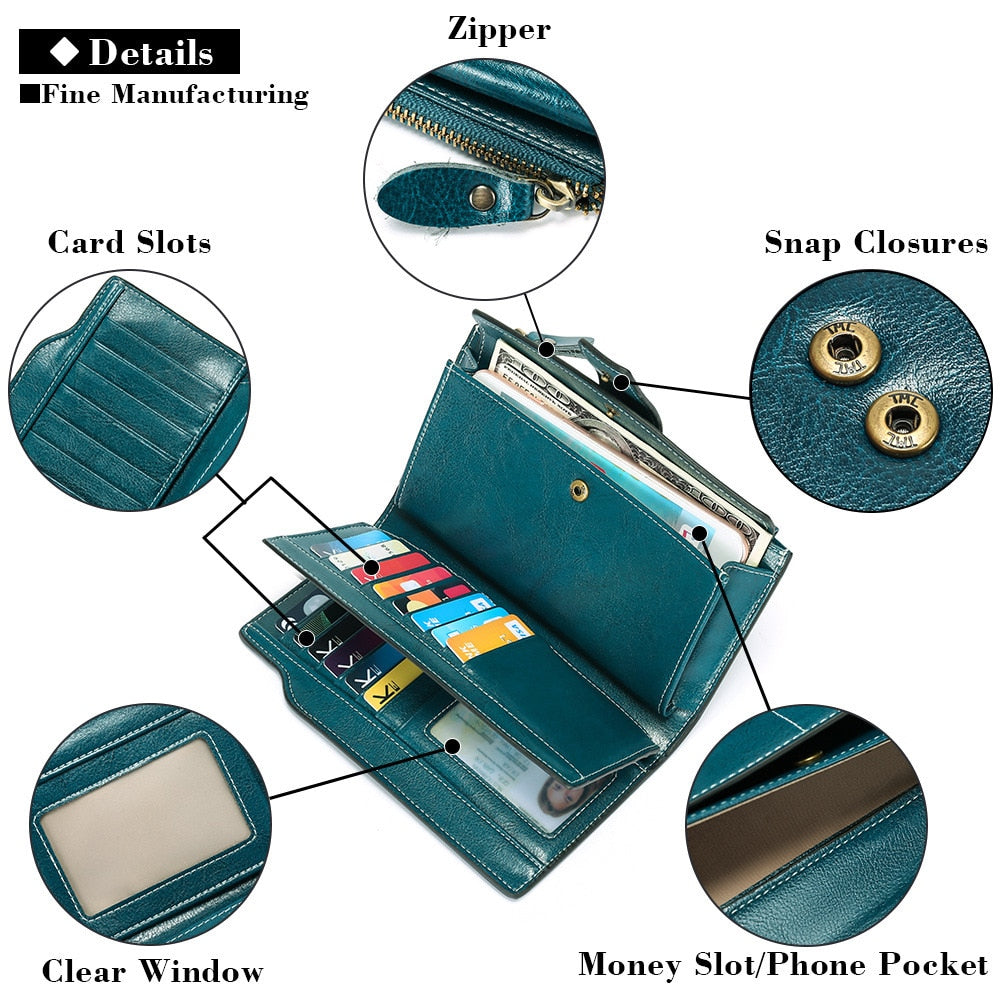 Real Leather Purse  Women Long Korean Version Oil Wax Cowhine Purse for Women with Multiple Slots