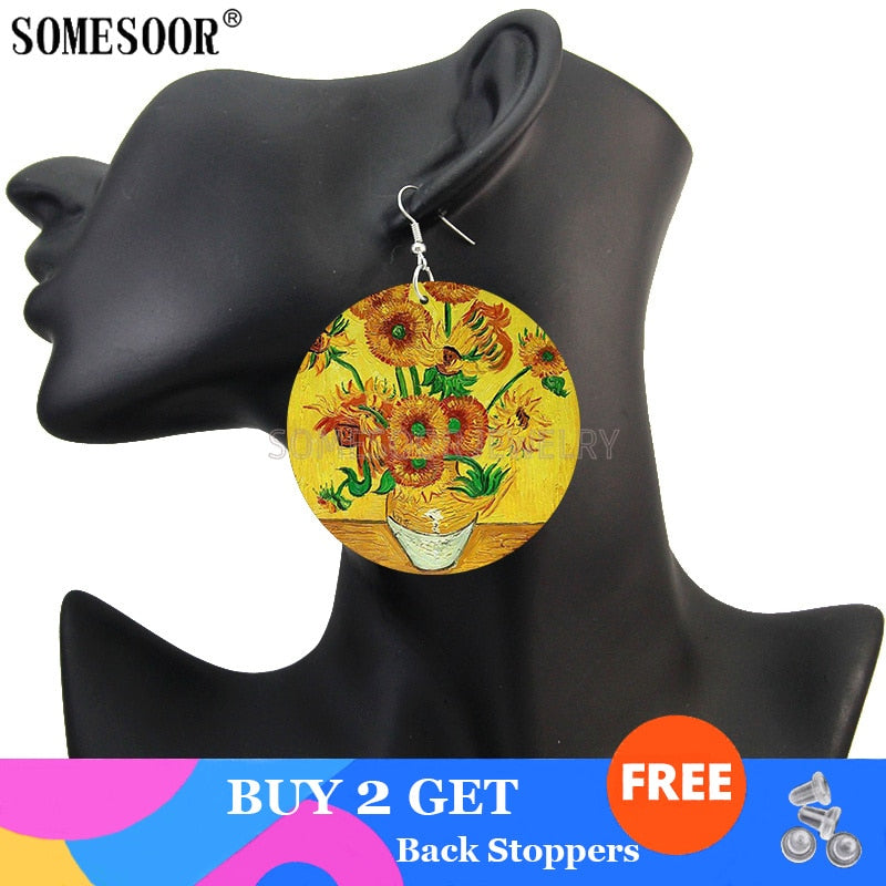 SOMESOOR Genius Painter Van Gogh Arts Portrait Wooden Drop Earrings Starry Night Sunflower Painting Women Dangle Jewelry Gift