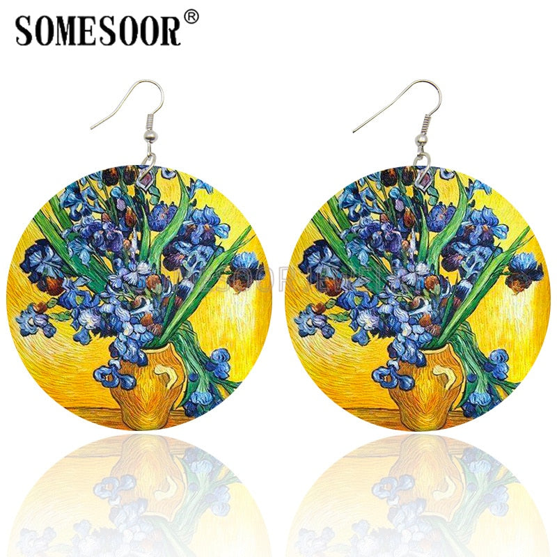 SOMESOOR Genius Painter Van Gogh Arts Portrait Wooden Drop Earrings Starry Night Sunflower Painting Women Dangle Jewelry Gift