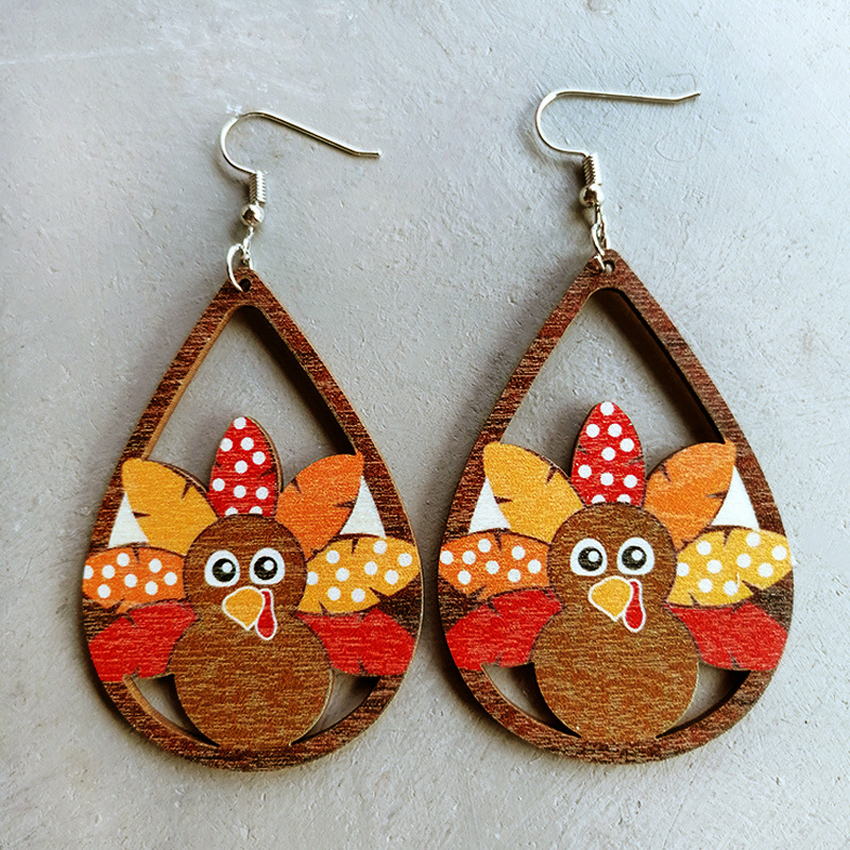 Laser Cut Wooden Turkey Earrings for Women 2022 New Fall Glowforge Thanksgiving Earrings Holiday Jewelry Whoelsale
