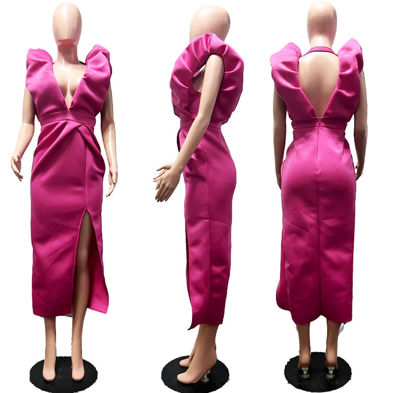 Elegant Ruffles Shoulder Deep V Neck Backless Evening Prom Long Dress