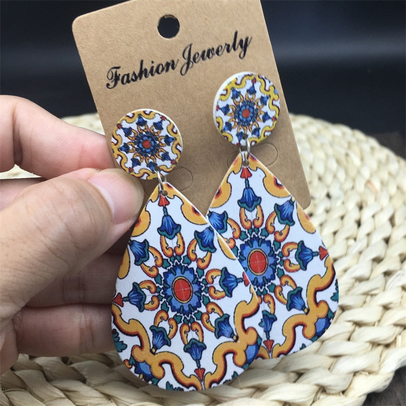 Bohemian Ethnic Church Ceramic Pattern Statement Earrings Vintage Wooden Big Round Water Drop Earrings For Women Jewelry Gift