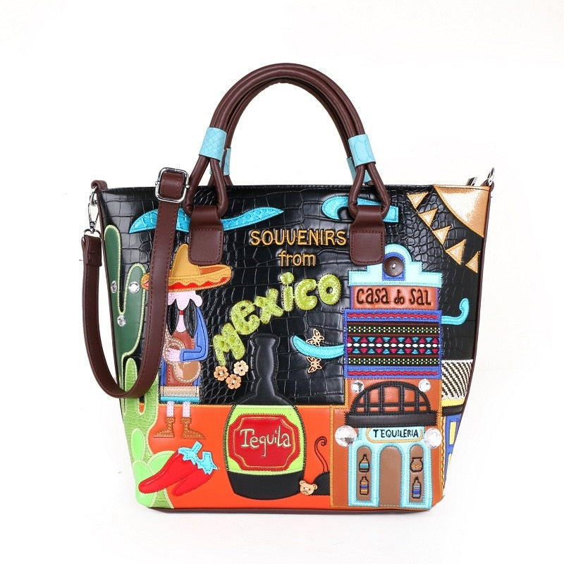 Retro Crocodile Print Hand-held Cross Bag With Mexican Creative Embroidery Large Bag