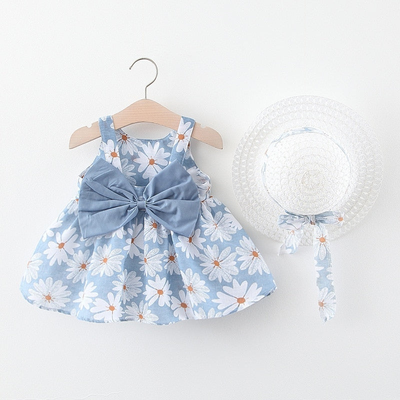 2pcs Summer Baby Girls Beach Princess Dress Cute Bow Flowers Sleeveless Cotton Toddler Dresses+Sunhat Newborn Clothing Set