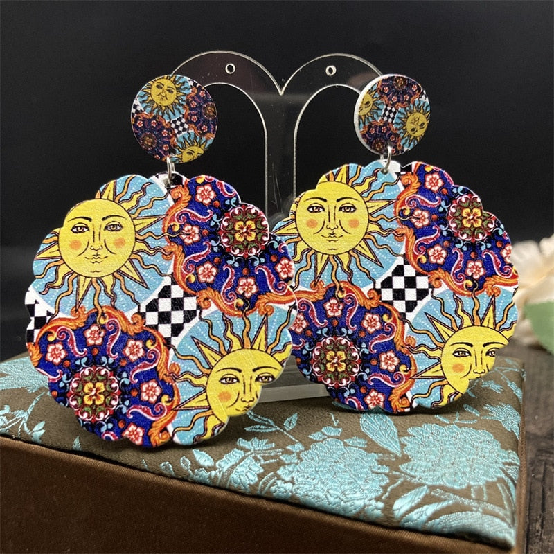 Bohemian Ethnic Church Ceramic Pattern Statement Earrings Vintage Wooden Big Round Water Drop Earrings For Women Jewelry Gift