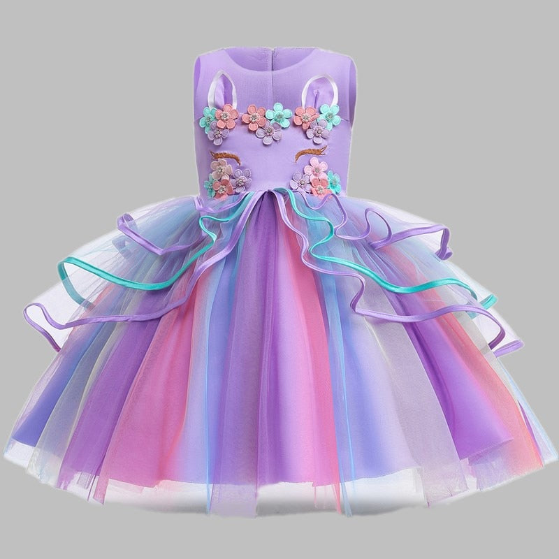 Girls Rainbow Unicorn Princess Dress Cake Layers Tutu Prom Gown For Kids Children Wedding Evening Formal Party Pageant Vestidos