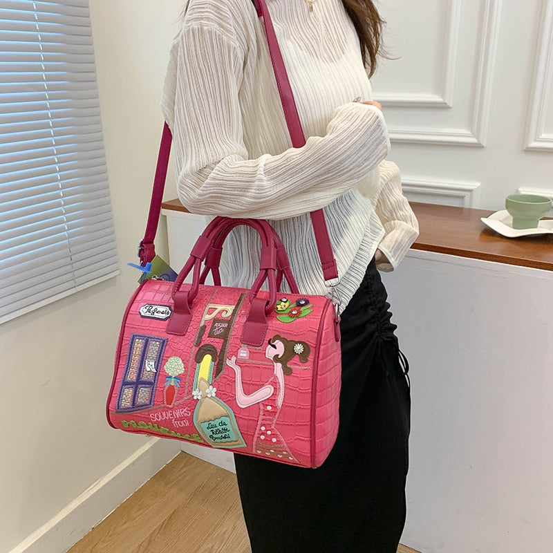 Crocodile Pattern Leather Crossbody Bags Luxury Designer Handbags Fashion Cartoon Embroidered Casual Totes