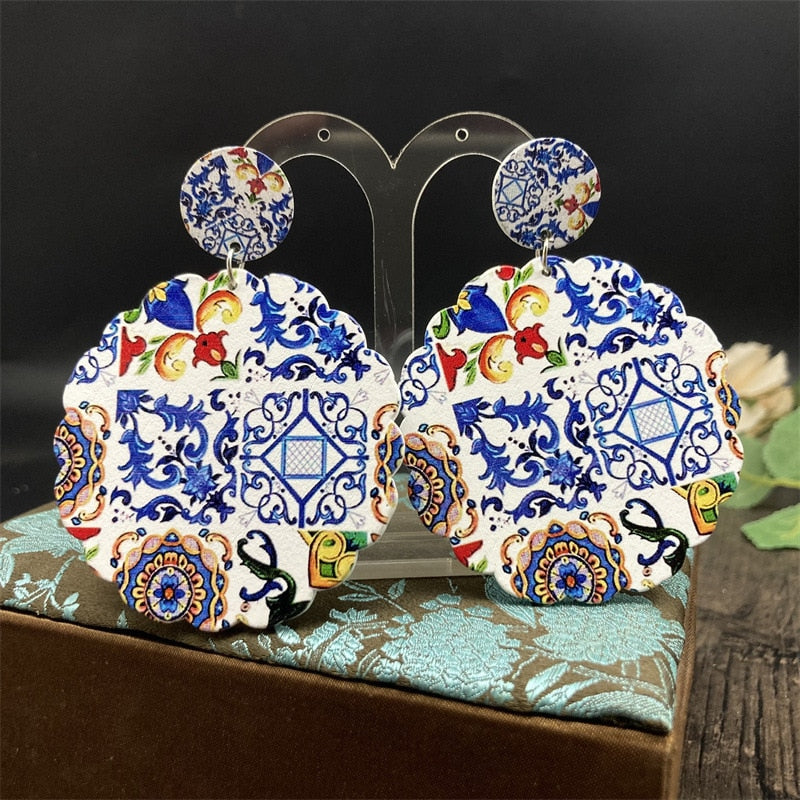 Bohemian Ethnic Church Ceramic Pattern Statement Earrings Vintage Wooden Big Round Water Drop Earrings For Women Jewelry Gift
