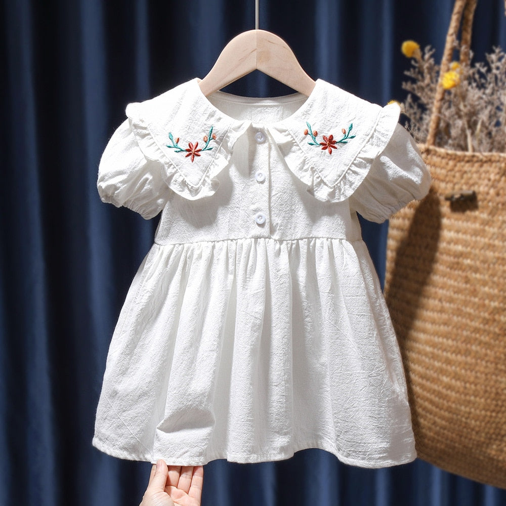 Baby Girls Dress Casual Plaid Clothes Summer  New Korean Cotton Linen Girls Princess Dress Big Turn Down Collar Dress