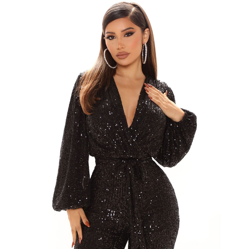 Sexy V Neck Puff Sleeve Sequined Bind Wide-legged Jumpsuit Romper Overalls