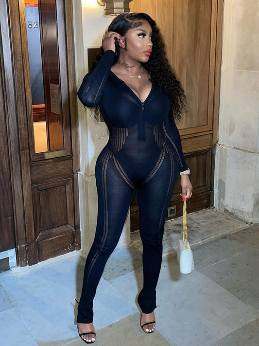Sibybo Knitted Rompers Women Jumpsuit Stretch Hollow Out Zipper Sexy Summer Jumpsuits Club Outfits Women One Piece Overalls