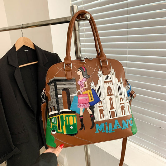 Cartoon Embroidery Backpack Women Shell Purses and Handbags Fashion Designer Ladies Shoulder Bags High Quality Female Totes