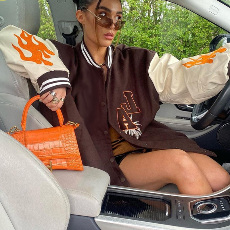 Varsity Jackets Fashion Oversized Long Sleeve Bomber Loose Black Baseball Vintage Y2K Coat