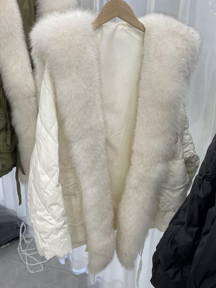 Janveny Big Luxury Real Fox Fur Collar 2022 Women Winter Down Jacket 90% Duck Down Coat Puffer Feather Female Parka Snow Outwear