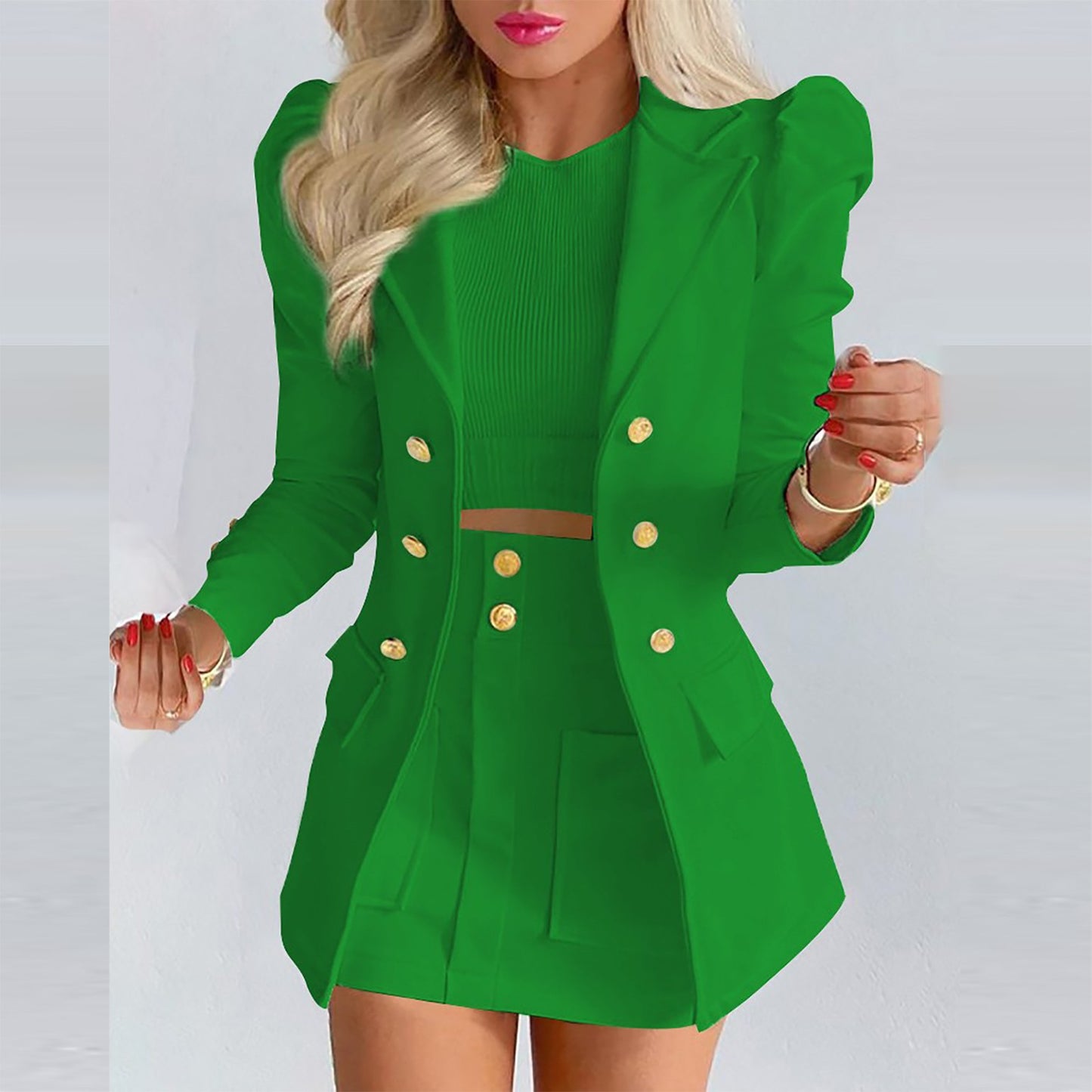 Elegant Knit Plaid Blazer Cardigan + Two Piece Set Vintage Metal Button Lady Suits