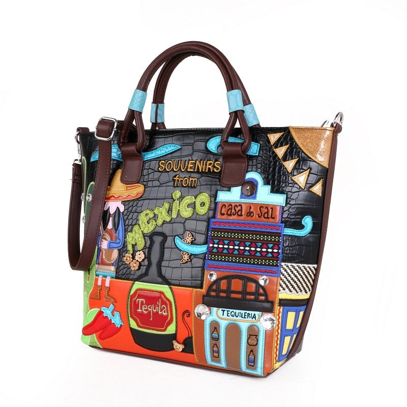 Retro Crocodile Print Hand-held Cross Bag With Mexican Creative Embroidery Large Bag