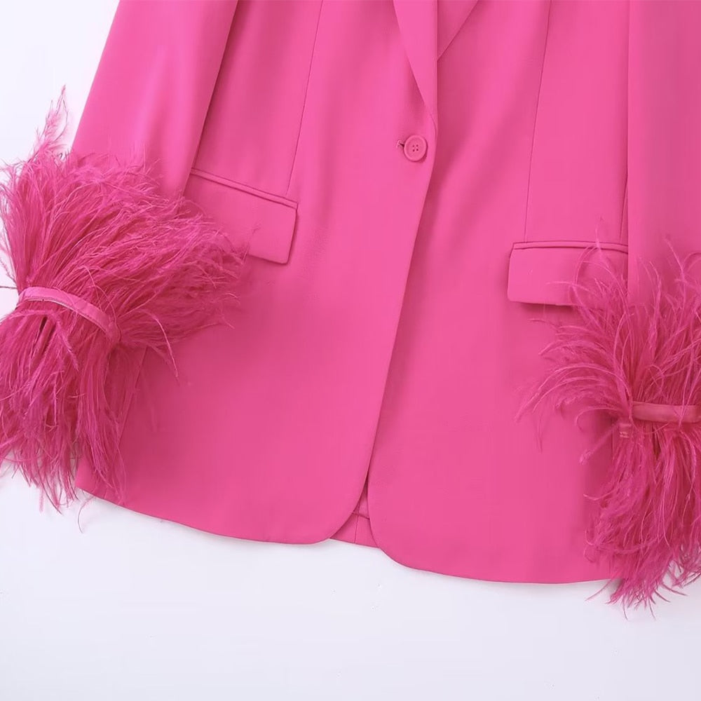 Women's Coats Feather Decoration Straight Office Suit Jacket Design Temperament Retro Fashion Female Chic Blazer 8216707