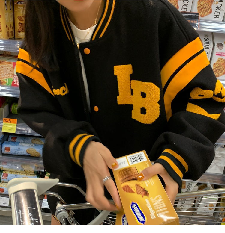 Varsity Jackets Fashion Oversized Long Sleeve Bomber Loose Black Baseball Vintage Y2K Coat